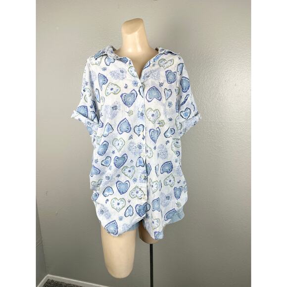 Vintage 80s 90s Heart Floral Novelty Print Button Front Plus Lightweight Top - Picture 3 of 14